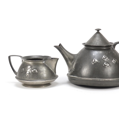 582 - Arts & Crafts Liberty & Co Tudric pewter three piece tea designed by Archibald Knox, impressed marks... 