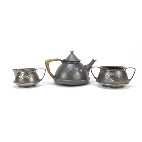 582 - Arts & Crafts Liberty & Co Tudric pewter three piece tea designed by Archibald Knox, impressed marks... 