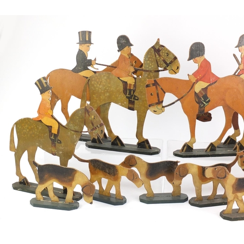 147 - Early 20th century lithographic card hunting figures, each approximately 31.5cm high