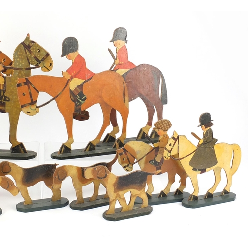 147 - Early 20th century lithographic card hunting figures, each approximately 31.5cm high