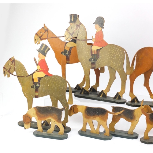 147 - Early 20th century lithographic card hunting figures, each approximately 31.5cm high