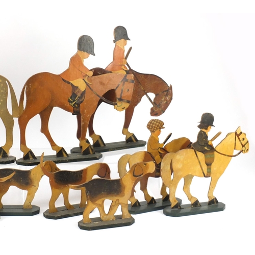 147 - Early 20th century lithographic card hunting figures, each approximately 31.5cm high