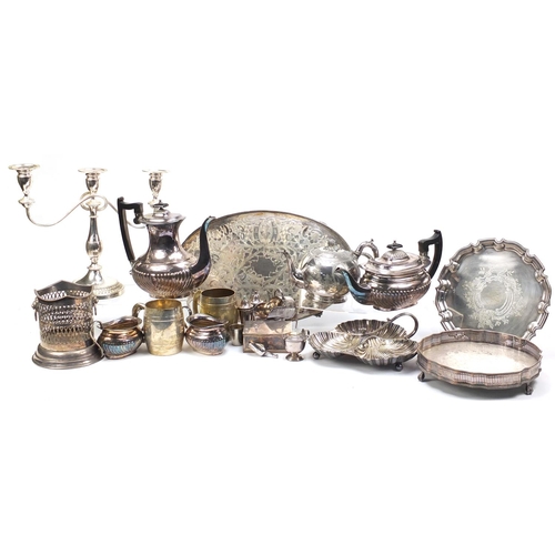 2077 - Silver plate including a three branch candelabra, tea pot, trays and a salver, the largest 29cm high