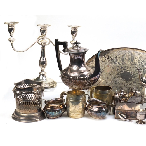 2077 - Silver plate including a three branch candelabra, tea pot, trays and a salver, the largest 29cm high