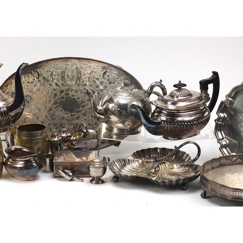 2077 - Silver plate including a three branch candelabra, tea pot, trays and a salver, the largest 29cm high