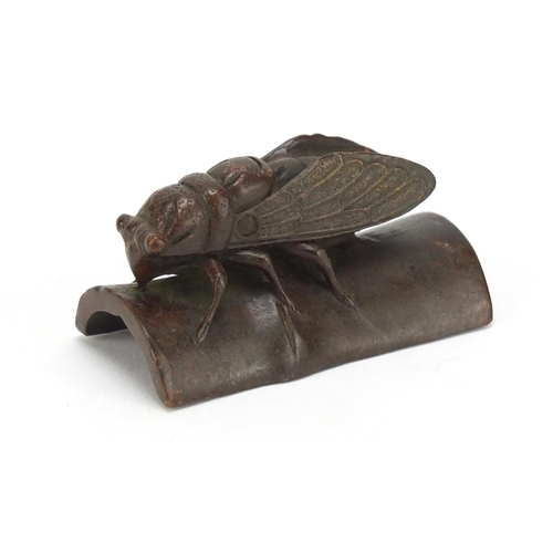 2466 - Japanese patinated bronze study of a fly, snail and scorpion, impressed character marks to the base,... 