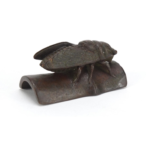 2466 - Japanese patinated bronze study of a fly, snail and scorpion, impressed character marks to the base,... 