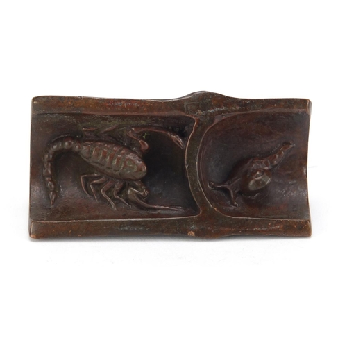 2466 - Japanese patinated bronze study of a fly, snail and scorpion, impressed character marks to the base,... 