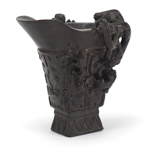 2491 - Chinese carved horn libation cup, character marks to the base, 10cm high