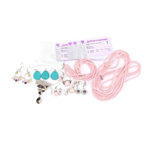 2585 - Silver semi precious stone jewellery with certificates including pink opal, turquoise and smokey qua... 