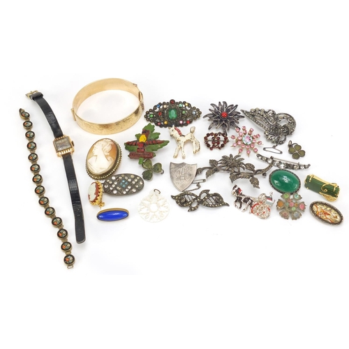 2596 - Vintage jewellery including a ladies 18ct gold wristwatch, silver marcasite brooches and a micro mos... 