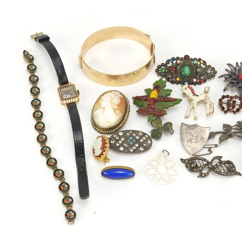 2596 - Vintage jewellery including a ladies 18ct gold wristwatch, silver marcasite brooches and a micro mos... 