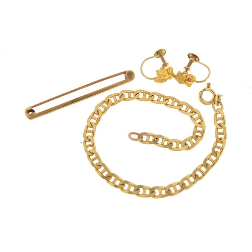 2573 - 9ct gold jewellery comprising bracelet, bar brooch and two earings, 11.3g