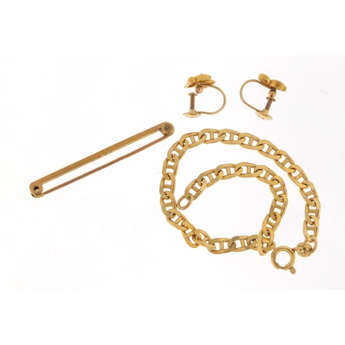 2573 - 9ct gold jewellery comprising bracelet, bar brooch and two earings, 11.3g