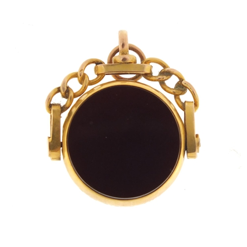 2526 - Victorian 9ct gold bloodstone and carnelian spinner fob, 3cm in length, 6.2g