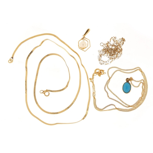 2592 - Three 9ct gold necklaces and two pendants, set with turquoise and pearl, 5.1g