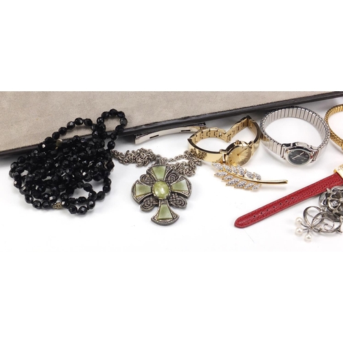 2628 - Costume jewellery including pairs of 9ct gold earrings, wristwatches and silver rings, housed in a b... 