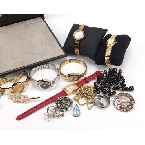 2628 - Costume jewellery including pairs of 9ct gold earrings, wristwatches and silver rings, housed in a b... 