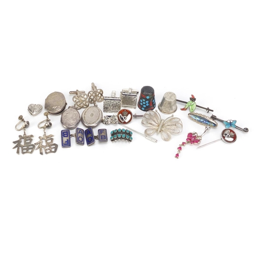 2601 - Mostly silver jewellery including enamelled brooches,  cuff links and thimbles, 79.2g