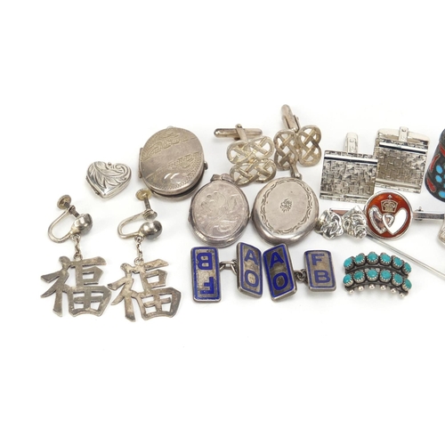 2601 - Mostly silver jewellery including enamelled brooches,  cuff links and thimbles, 79.2g