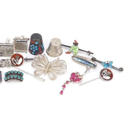 2601 - Mostly silver jewellery including enamelled brooches,  cuff links and thimbles, 79.2g