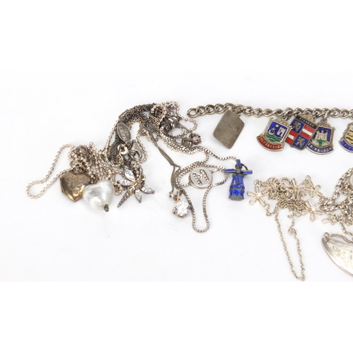 2599 - Mostly silver jewellery including enamelled charms, necklaces, bracelets and pendants, 68.8g