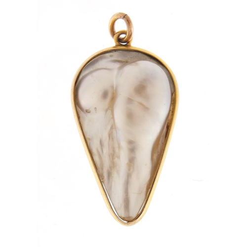 2598 - Teardrop pearl pendant with unmarked gold mount, 3.5cm high, 4.9g