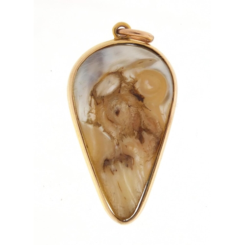 2598 - Teardrop pearl pendant with unmarked gold mount, 3.5cm high, 4.9g