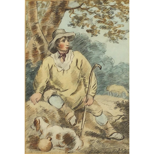 943 - Attributed to George Morland - Shepherd Resting, 19th century mixed media, 25cm x 17cm