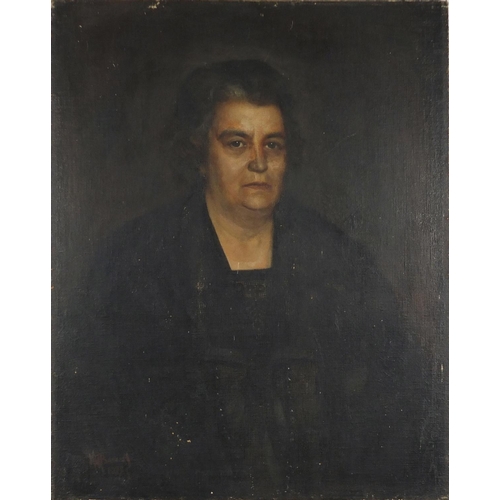 958 - Kyril Vassilev - Bulgarian society woman, oil on canvas laid on board, inscribed label verso, 80cm x... 