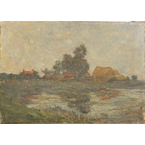 932 - R J Leigh - River landscape, oil on canvas, inscribed verso, unframed, 46cm x 33cm