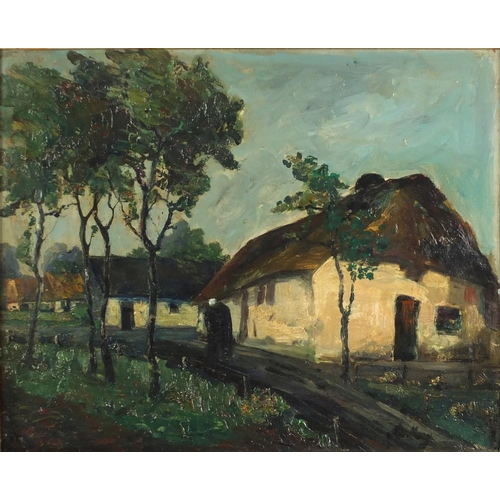 976 - Manner of Markey Robinson - Figure entering a village, Irish school oil on board, framed, 47.5cm x 3... 