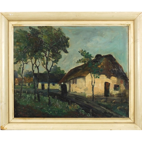 976 - Manner of Markey Robinson - Figure entering a village, Irish school oil on board, framed, 47.5cm x 3... 