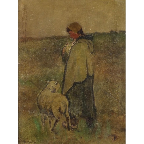 961 - Edwin Sherwood Calvert - Figure and sheep in a landscape, oil, mounted and framed, 45cm x 34cm