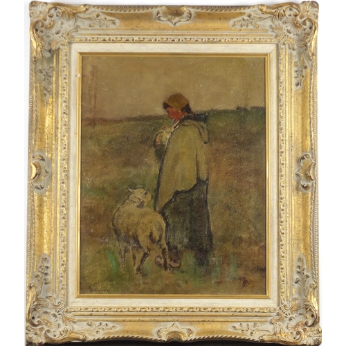 961 - Edwin Sherwood Calvert - Figure and sheep in a landscape, oil, mounted and framed, 45cm x 34cm