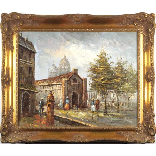 2089 - Manner of W Rayne - Parisian street scene, French impressionist, oil on canvas, framed, 49cm x 39cm