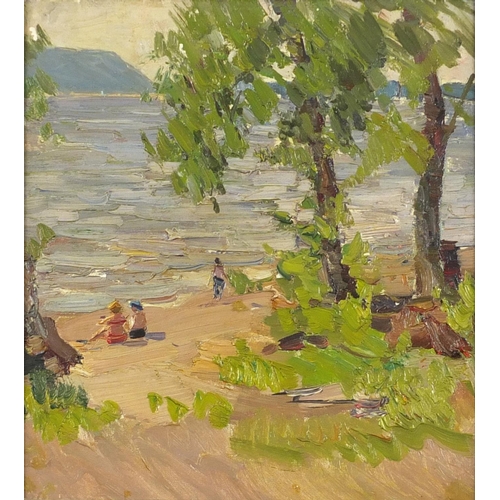 945 - Children on a beach, Russian school oil on board, inscribed verso, framed, 26cm x 23cm