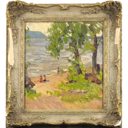 945 - Children on a beach, Russian school oil on board, inscribed verso, framed, 26cm x 23cm