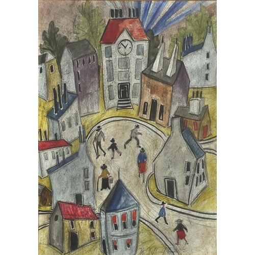 969 - Surreal town scene, ink and watercolour, bearing an indistinct signature, mounted and framed, 34cm x... 