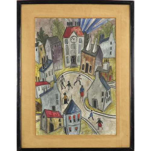 969 - Surreal town scene, ink and watercolour, bearing an indistinct signature, mounted and framed, 34cm x... 