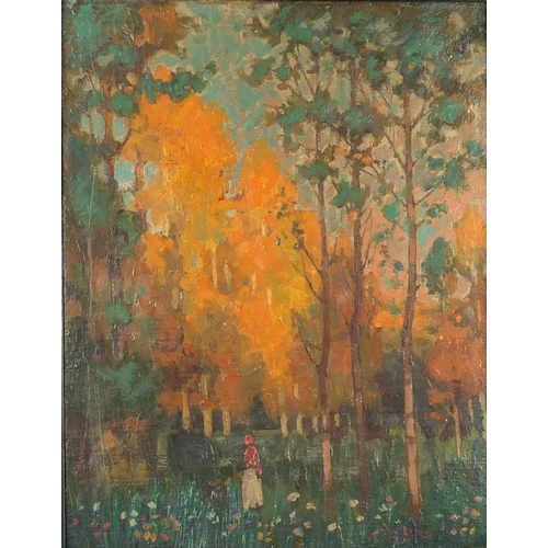 2088 - Manner of Lung - Wooded scene with figure and grazing cow, oil on canvas, framed, 45cm x 35cm