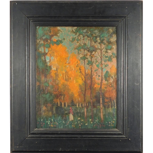 2088 - Manner of Lung - Wooded scene with figure and grazing cow, oil on canvas, framed, 45cm x 35cm