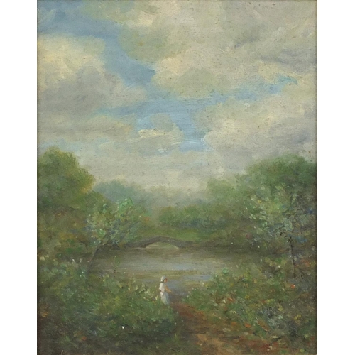 946 - Octavius Thomas Clark - Figures in landscapes, pair of oil on boards, inscribed verso, mounted and f... 