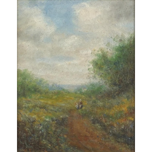 946 - Octavius Thomas Clark - Figures in landscapes, pair of oil on boards, inscribed verso, mounted and f... 