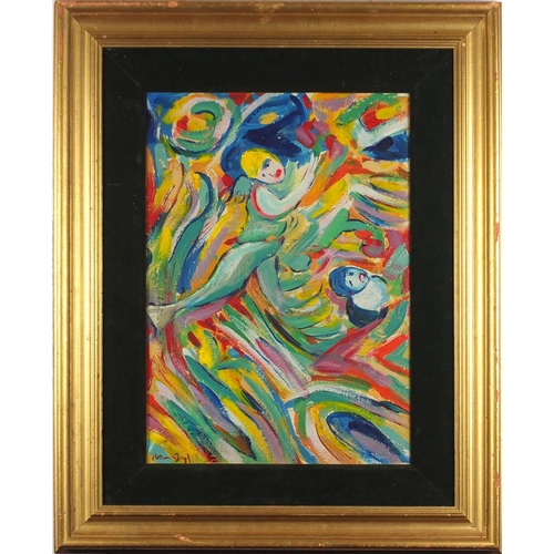 2028 - Manner of Boyd - Abstract composition, surreal figures, oil on canvas, mounted and framed, 46cm x 32... 