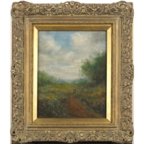 946 - Octavius Thomas Clark - Figures in landscapes, pair of oil on boards, inscribed verso, mounted and f... 