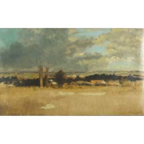 2467 - Manner of Lusten O'Briem - Rural landscape, oil on canvas, unframed, 61cm x 38.5cm