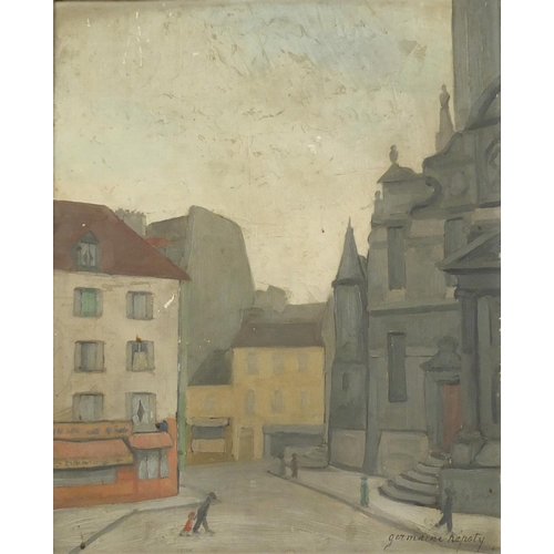 947 - Germaine Nepoty - figures on a street, French school oil on board, inscribed label verso, framed, 45... 