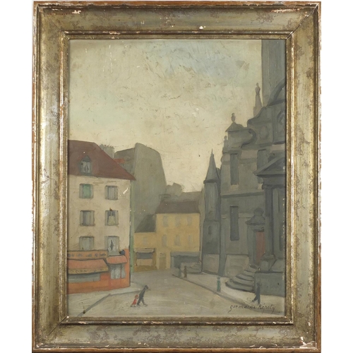 947 - Germaine Nepoty - figures on a street, French school oil on board, inscribed label verso, framed, 45... 