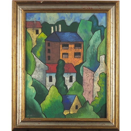 973 - Manner of Alexander Kanoldt - Surreal landscape, German school, mixed media, framed, 38.5cm x 29cm